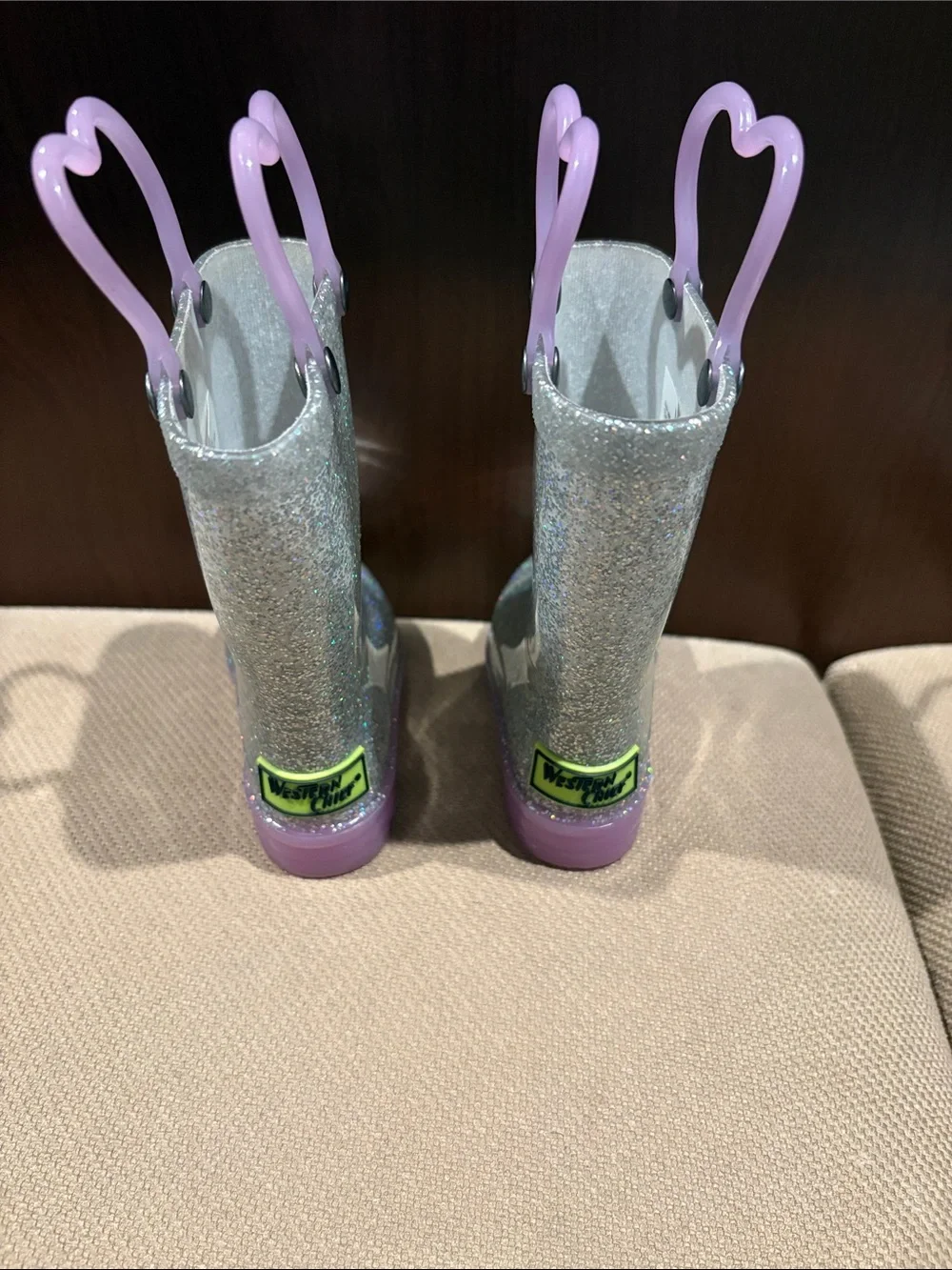 Western Chief Silver Glitter Kids Rain Boots with Lilac Handles
